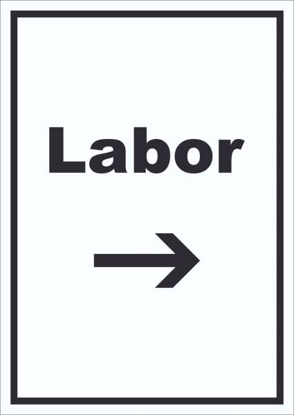 Labor Schild mit Text und Richtungspfeil rechts untersuchen forschen hochkant