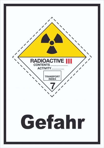 Schild radioaktive Stoffe Radioactive Gefahr III-GELB hochkant