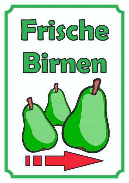 Frische Birnen Schild Hochkant mit Pfeil rechts